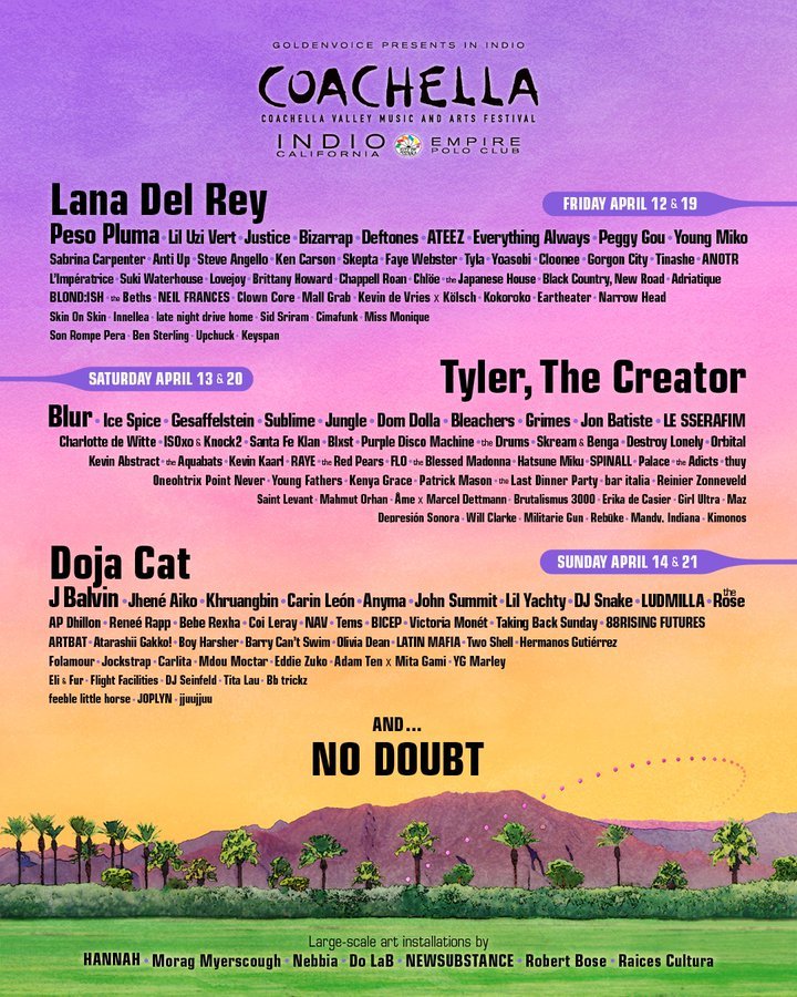 Coachella 2024 Lineup Unveiled: Lana Del Rey, Tyler, the Creator, Doja Cat, and No Doubt to Steal the Spotlight